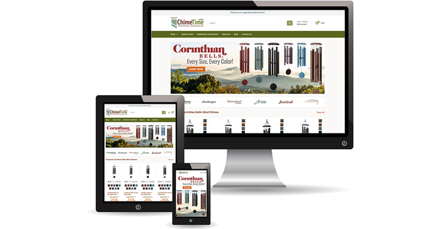 ChimeTime site mockup on desktop, tablet, phone — shows 'Corinthian BELLS Every Size, Every Color!' and 'SHOP NOW'.